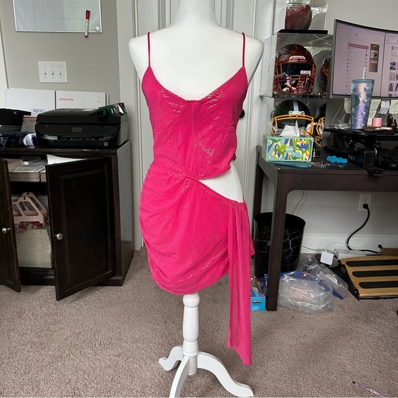 PrettyLittleThing Pink Glitter Corset Cut Out Drape Detail Bodycon Dress NWT 10 - Picture 8 of 13